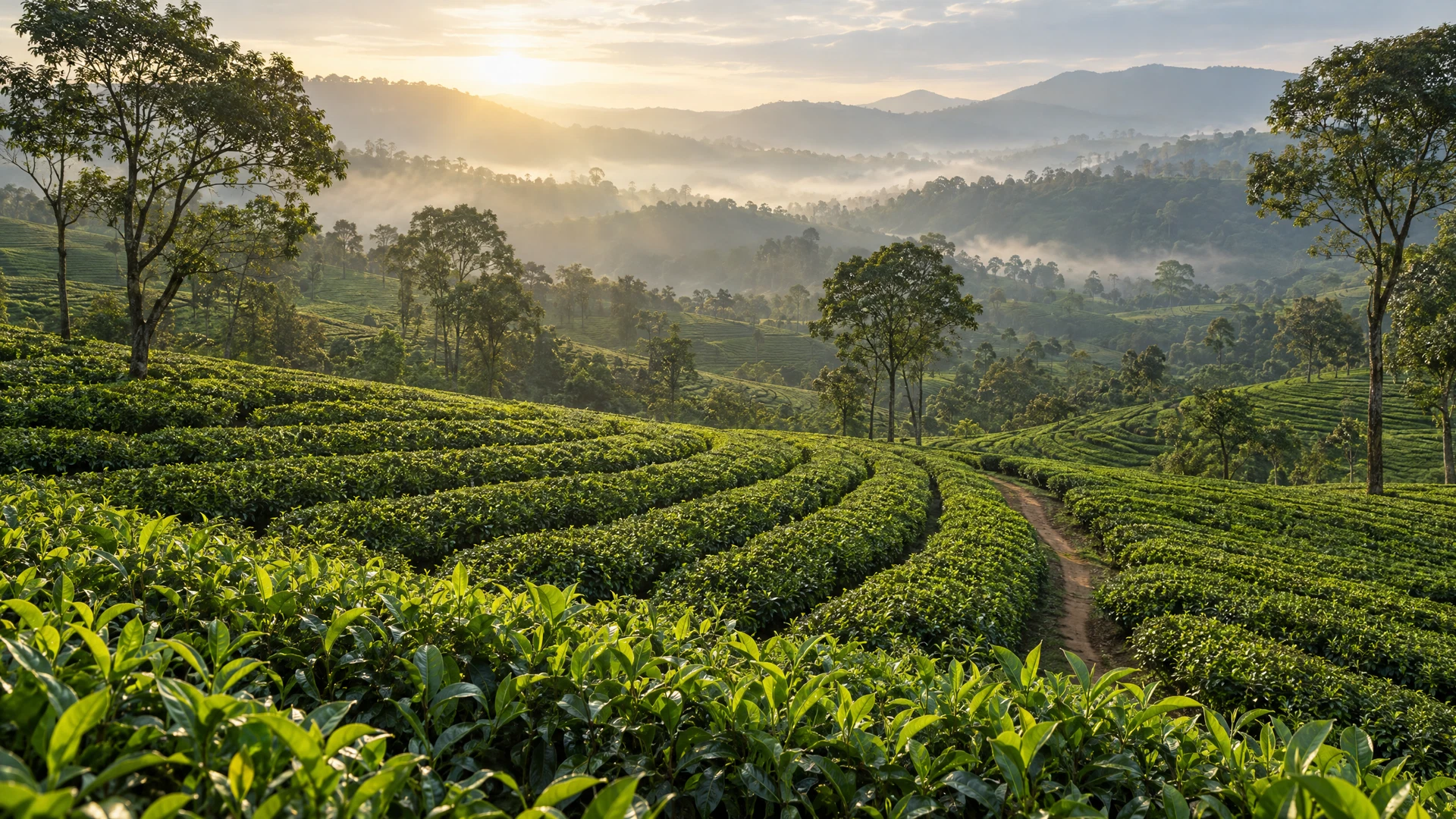 Lush green tea plantation with curved rows in the morning light